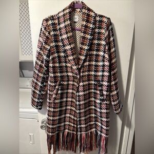 Cabi Regency Coat Plaid Fringe Mid Length Wool Blend One Button Size M $299